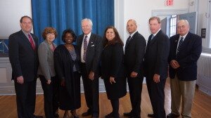 Many local officials attended the Grand Opening - from l to r: Union County Freeholders Bruce Bergen & Bette Jane Kowalski, City of Elizabeth Councilwoman-at-large Patricia Perkins-Auguste, Liberty Hall Museum President John Kean, Sr., NJ Assemblywoman Annette Quijano, Elizabeth Councilman 1st Ward Carlos Torres, Union County Sheriff Joseph Cryan, Old First Historic Trust Board Member Charles Shallcross